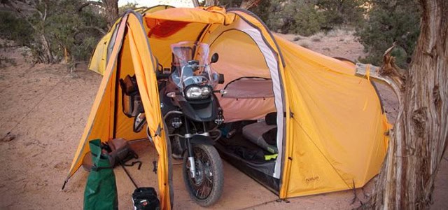 Two-person tent is built for camping with a motorcycle