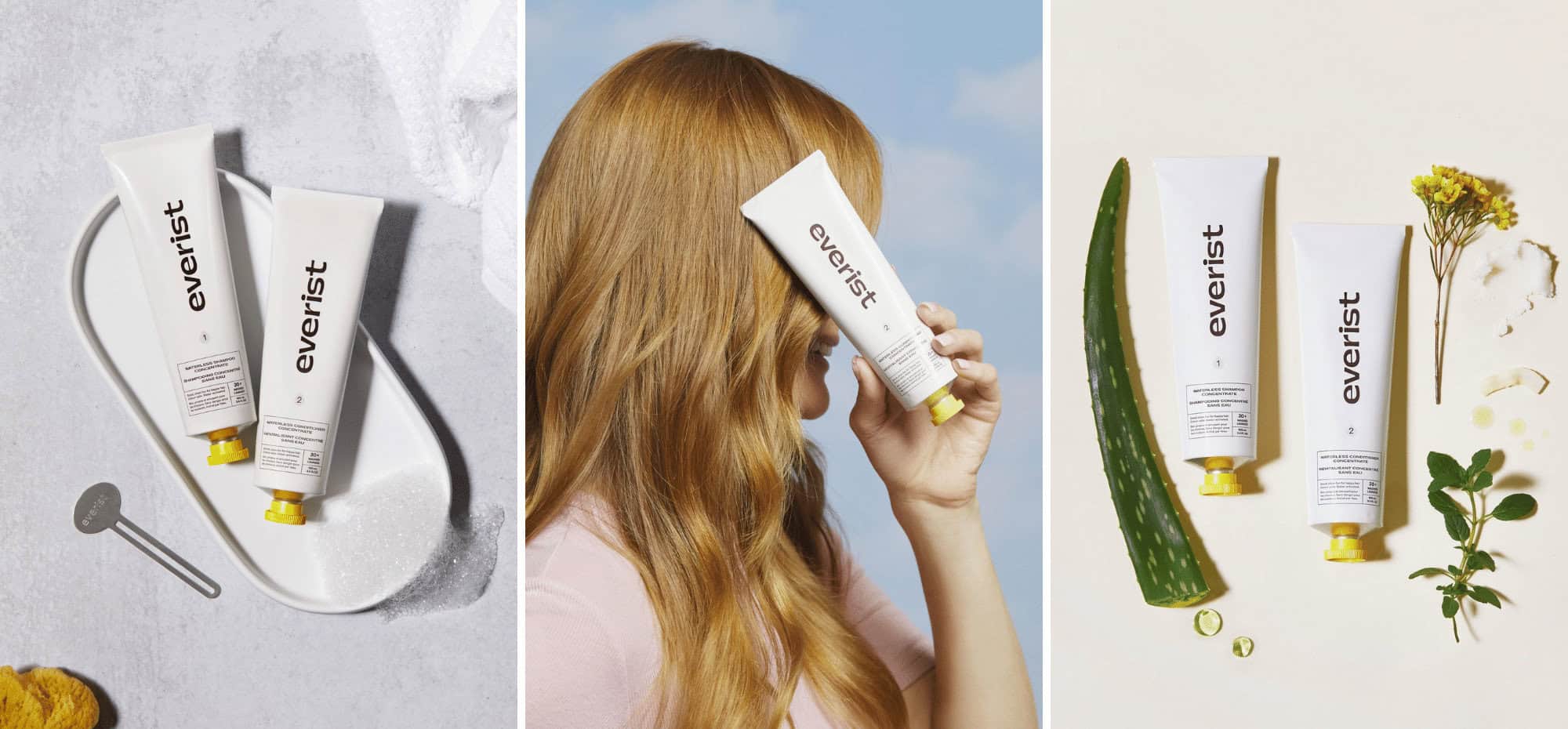 Waterless, plant-based shampoo and conditioner in recyclable tubes